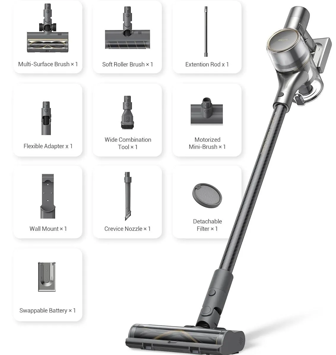 Dreame Upright Vacuum, 190Watts, 90Min run timer, Grey
