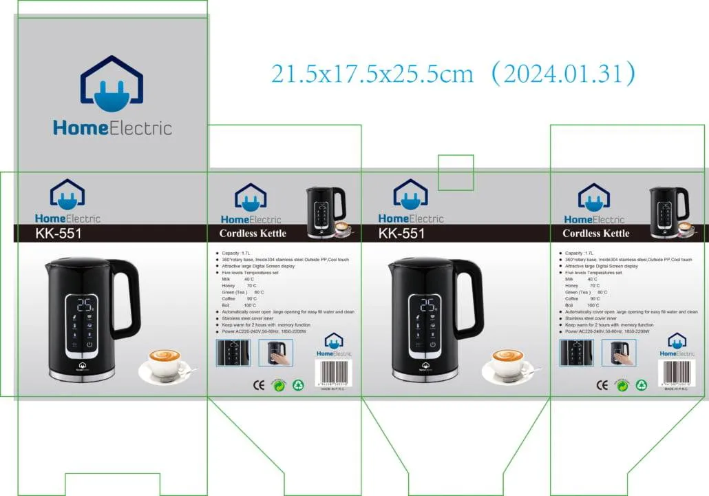 Home Electric Kettle Digital Glass With Stainless 1.7 L 2200 W Black And Silver E
