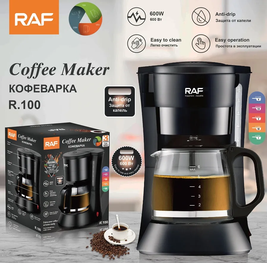 Raf Coffee Machine, 600Watts, Anti-Drip 4-6 Cups, Black