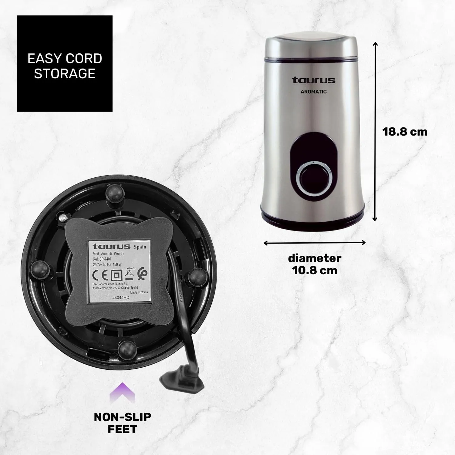 Taurus Coffee Grinder, Start at The Touch of a Button, 50Gm, 150Watts, Stainless Steel